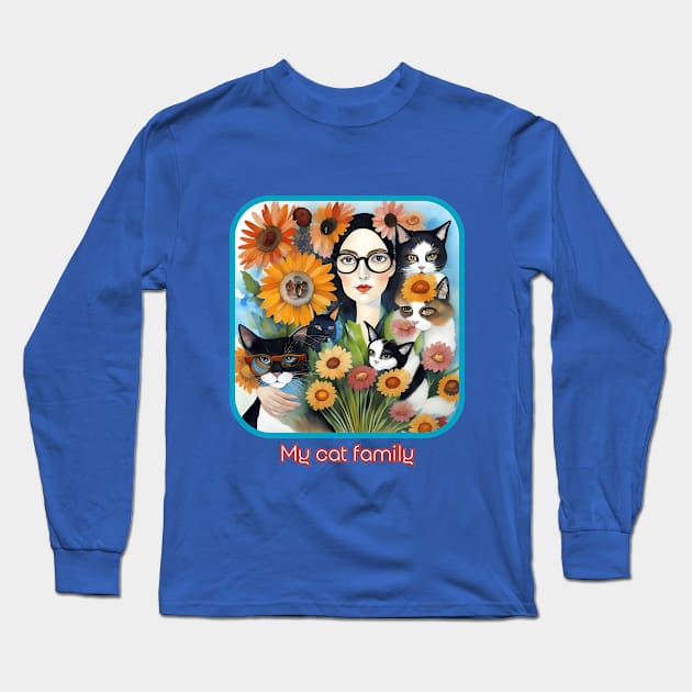 My Cat Family (lady wearing eyeglasses with 5 cats) Long Sleeve T-Shirt by PersianFMts